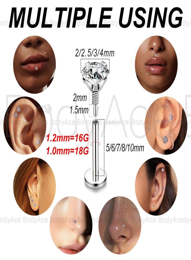 BodyAce 16G 18G Tragus Piercing Labret Medusa Jewelry, Long Internally Threaded Nose Stud Flat Back Earrings, Surgical Steel CZ Monroe Lip Rings Cartilage Helix Studs [Silver;1.2mm=16G,BL:8mm] - Image 2